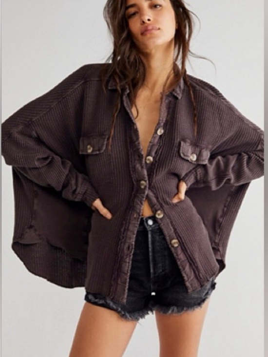 Free People Tops - Free People Oversized Thermal Knit Button-Down Shirt Shacket in Brown size med